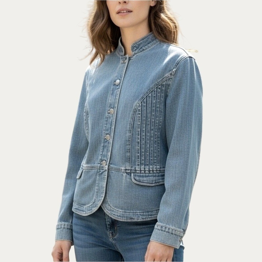 J. Jill Womens Large Blue Denim Pleated Military Style Jacket Medium Wash